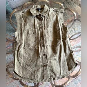 Banana Republic Olive Sleeveless Linen Blend Button-Down Shirt